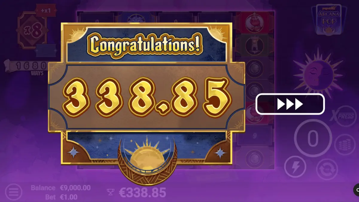 Tampilan visual mistis slot Arcana Pop dengan elemen tarot dan simbol bercahaya