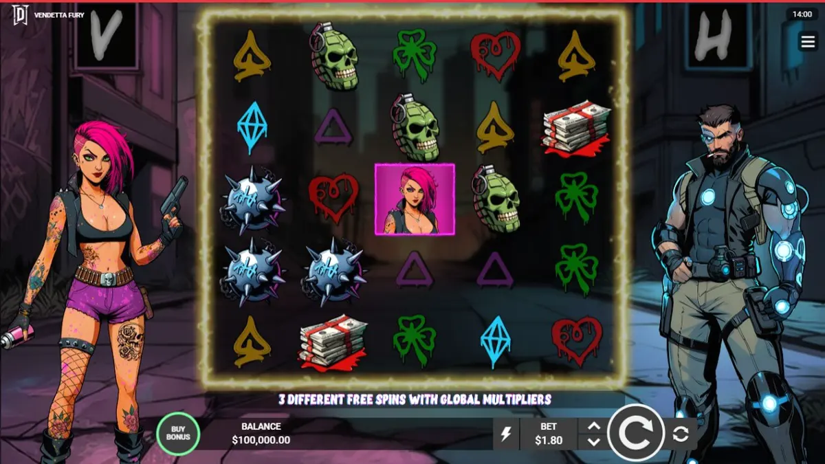 Tampilan antarmuka mobile game slot Vendetta Fury dengan tema neon cyberpunk